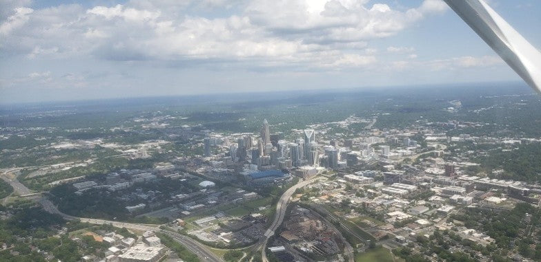 Downtown Charlotte, North Carolina skyline viewed from a light aircraft in cruise